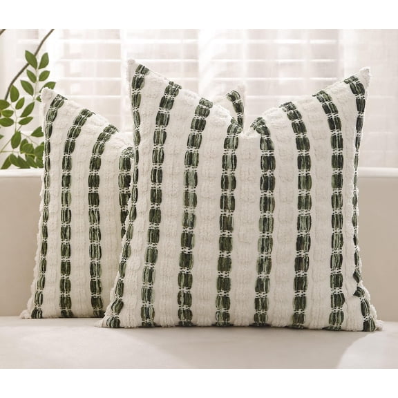 Pillow Covers 18x18 Set of 2 Green Striped Throw Pillow Covers Chenille Decorative Pillows Square Cushion Cover for Sofa Couch Bed Living Room Winter Decoratives