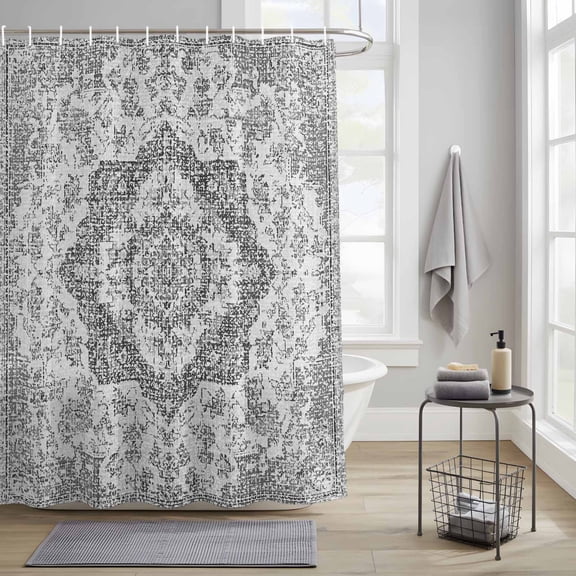 Bathroom Shower Curtain Gray Ethnic Flower Texture Waterproof Shower Curtains with Hooks, Abstract Geometric Seamless Bath Curtains Bathtub Curtain Home Decor 36x72in