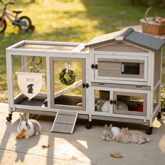 PETSCOSSET 2-Story Wooden Rabbit Hutch with Run photo 2