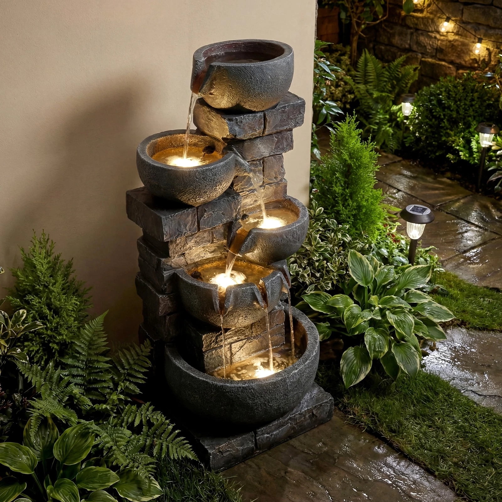 DRAZUNO 33” 5-Tier Outdoor Water Fountain with LED Lights for Patio Backyard Porch Deck