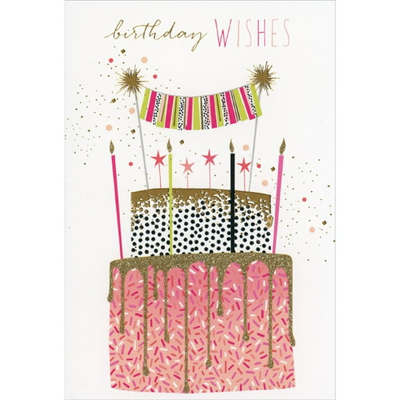 Pictura Sparkling Gold Frosted Pink Cake with Sparkler Candles Birthday Card