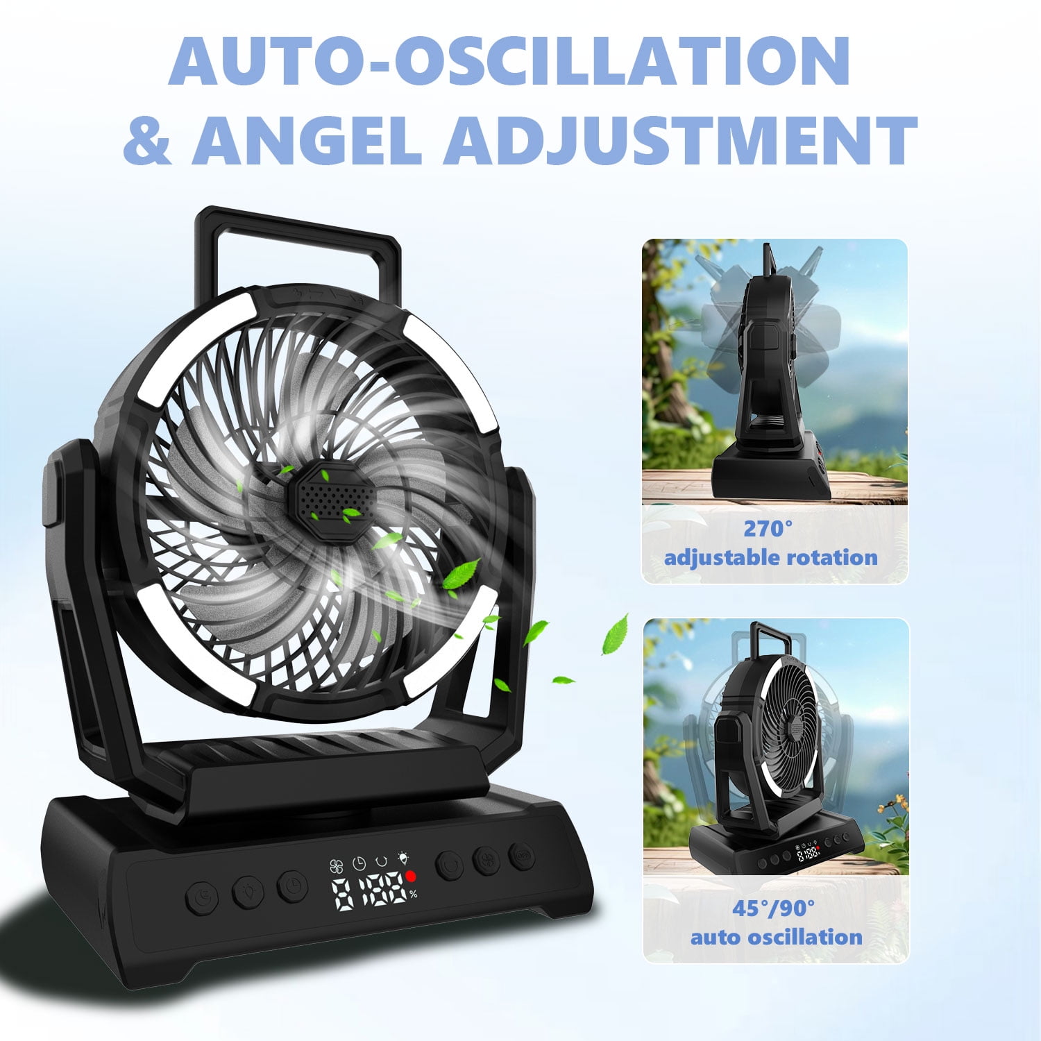 AYAMAYA Rechargeable Camping Fan, 20000mAh Cordless Battery Powered Desk Fan with LED Lantern & Hook 9 Timers USB for Tent Car Trip
