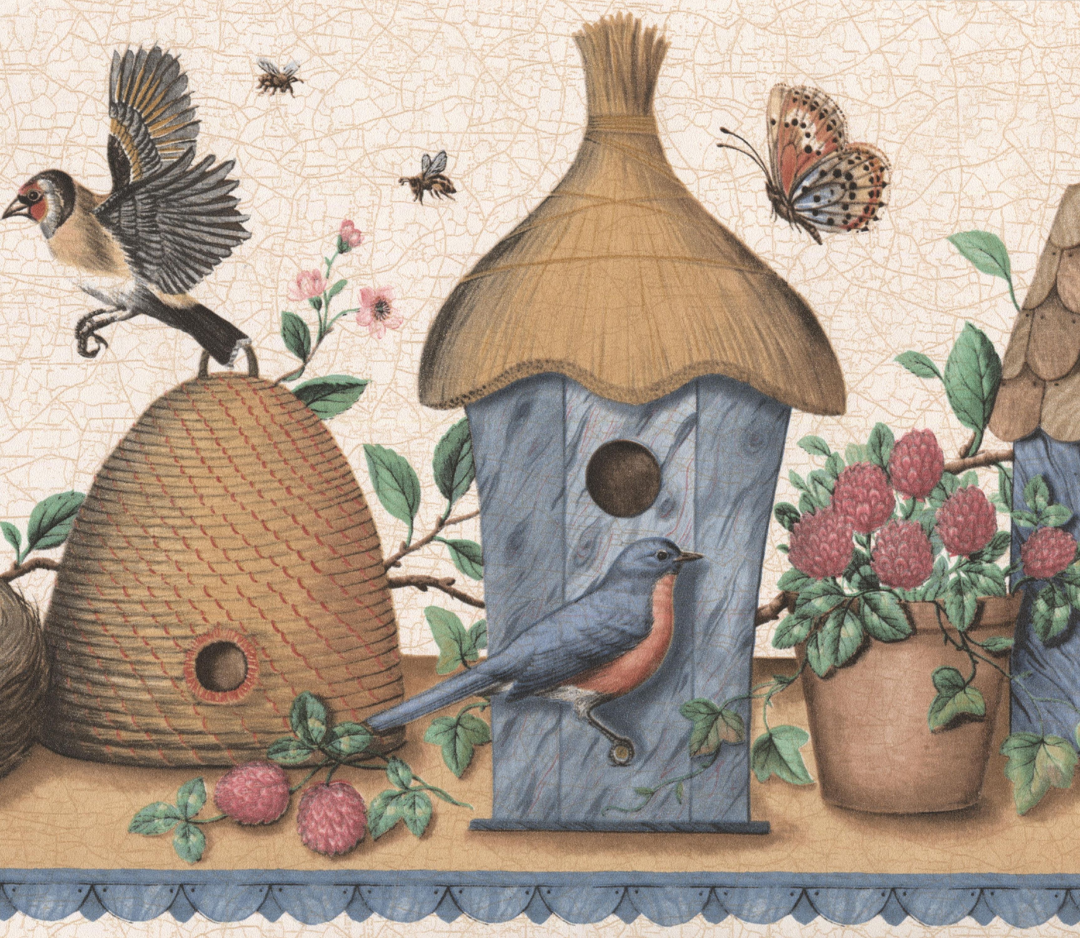 Wallpaper Border Vintage Birdhouses Nests Blue Red Brown Birds Beige