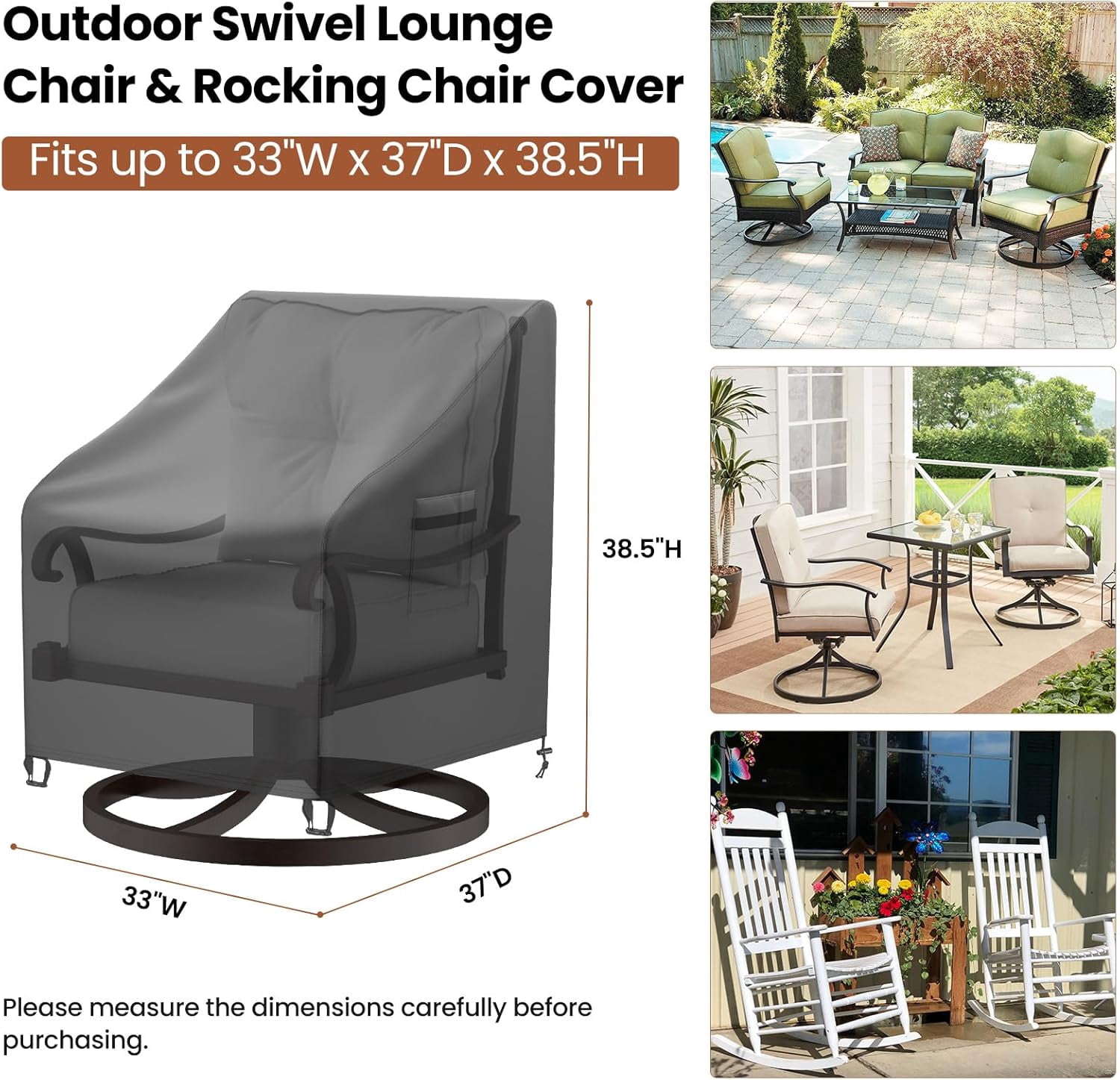 SUMMIT-Outdoor Swivel Lounge Chair Cover Waterproof, 2 Pack Heavy Duty Patio Rocking Chair Covers for Outdoor Furniture, 33" W×37" D×38.5" H, Black