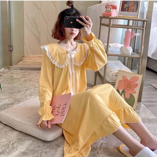 Pijama de manga larga para mujer, cuello de muñeca sobre la rodilla, corte de hada, estilo coreano, ropa de hogar, estilo princesa para mujer
