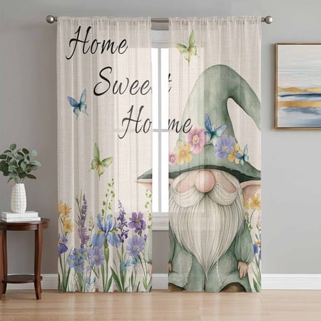 Rustic Gnome Sheer Curtains 72 Inch Length 2 Panels Set Spring Flowers Butterfly Beige Burlap Voile Window Treatment Rod Pocket Curtains Sheers Drapes for Bedroom/Living Room/Kitchen 52 x72 x2