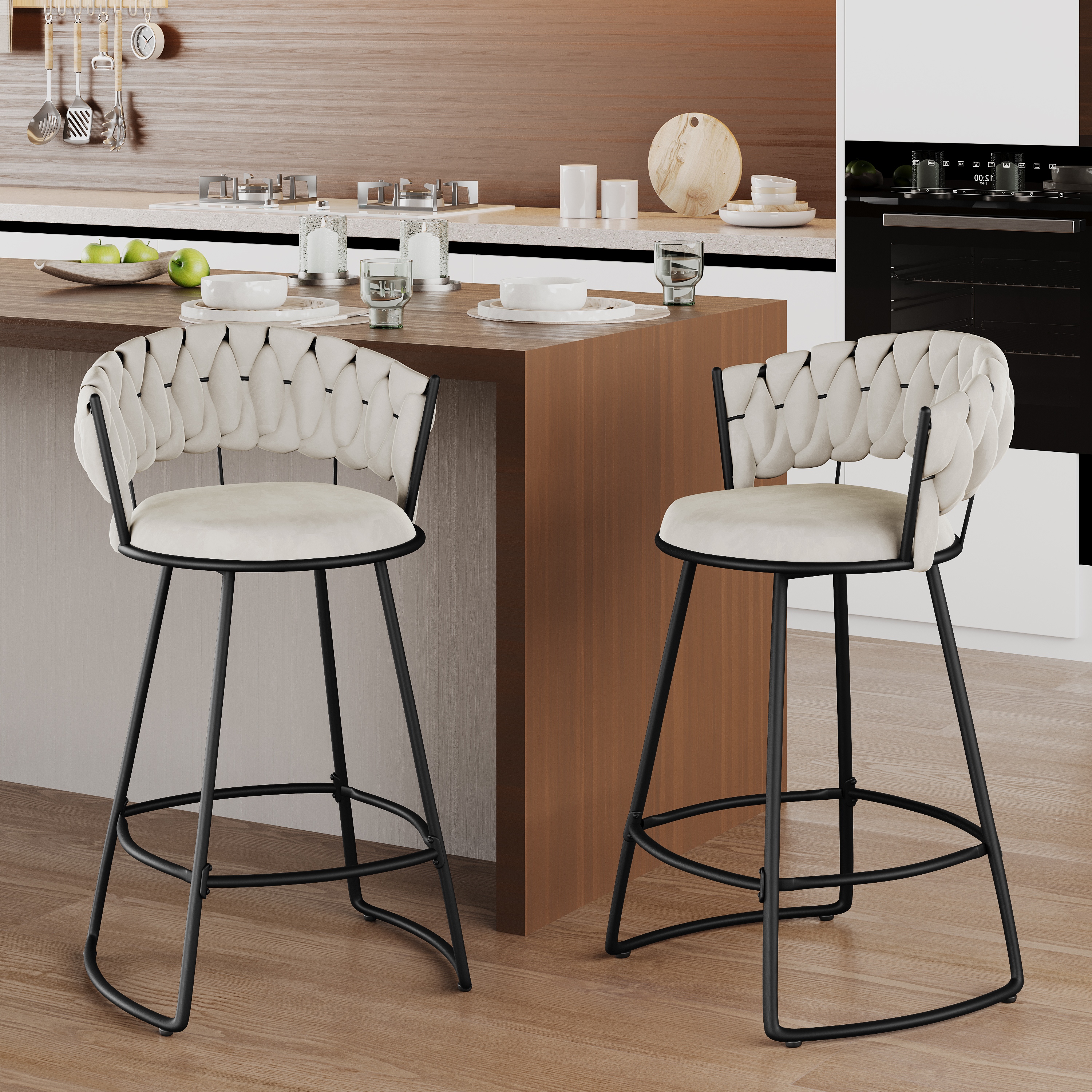 Andeworld 24'' Barstools set of 2, Modern Velvet Bar Stools with Woven Back, Counter Height Barstools with Upholstered Seating, U-Footrest, Ivory