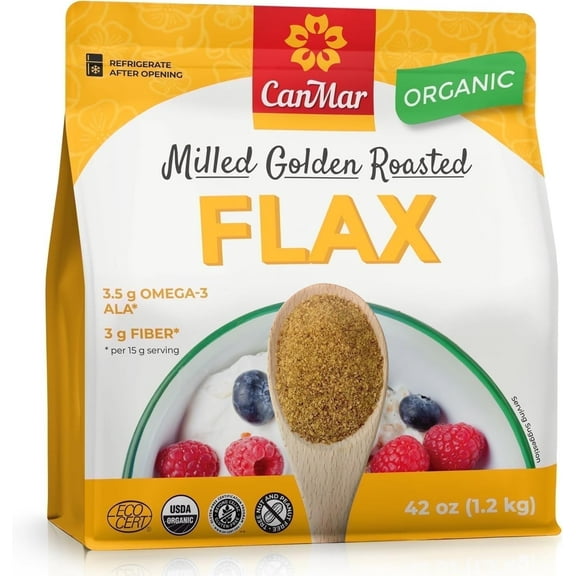 CanMar Organic Milled Golden Roasted Flaxseed - Gluten-Free, Nut-Free, w/ Omega-3 ALA, Fibre, Plant-Based Protein (42 oz/1.2 kg)
