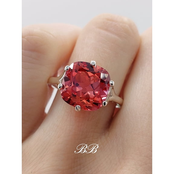 8mm - 10mm Lab Orange Padparadscha Sapphire Cushion Cut, 6 Prong Solitaire Ring, Sterling Silver or Gold, Made to Order, Jewelry Gift