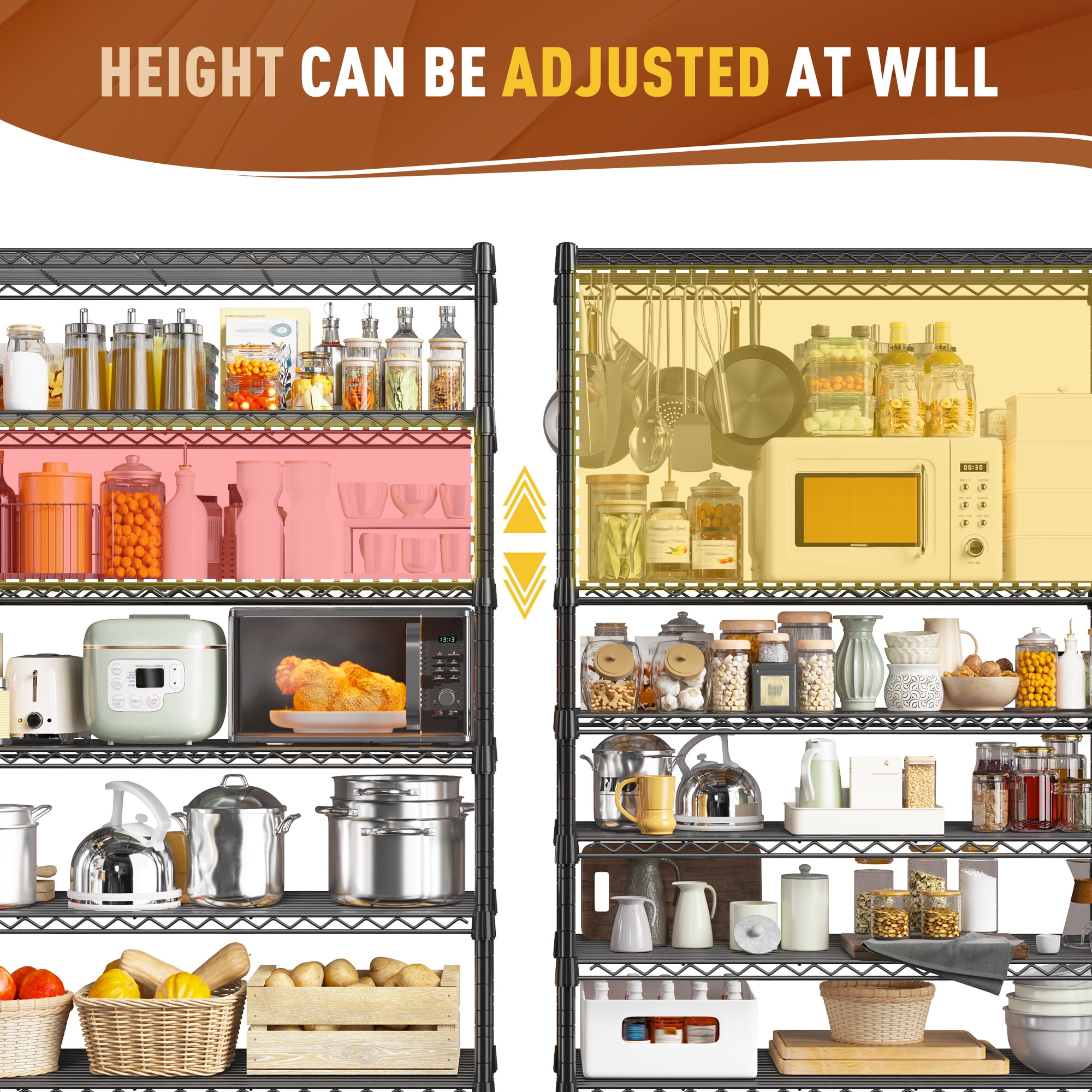 REIBII 6-Tier Wire Shelving Unit,1200 lbs Adjustable Metal Storage Rack for Kitchen Pantry Laundry,14"D x 29"W x 71"H,Space-Saving Shelves for Home Organization,Black