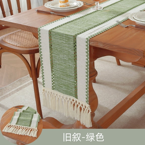 suxuMhao Table Runner, Green & White Color Block Tassel Dining Table Runner, Farmhouse Woven Runners for Tables, 11.8×55 Inch, 1 Piece Textured Linen for Daily Dining & Holiday Table Decor