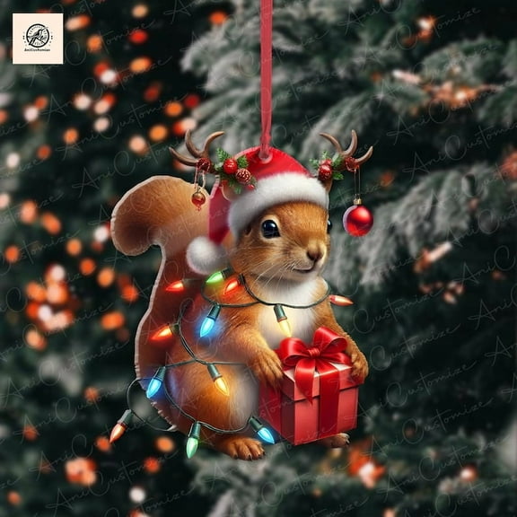 TiniDecor Squirrel Christmas Ornament Santa Hat Lights Gift Box Holiday Tree Décor