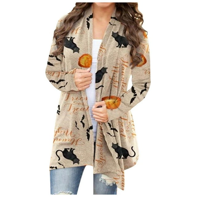 Femmes Halloween Animal Chat Citrouille Imprimer Cardigan Chemisier Décontracté EAN13