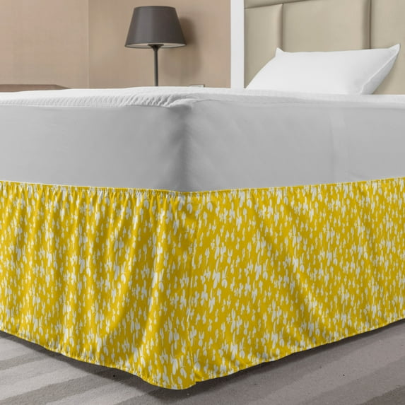 Yellow and White Bed Skirt, Scattered Butterflies Illustration in Awakening Vibrant Tones, Elastic Bedskirt Dust Ruffle Wrap Around for Bedding Decor, 4 Sizes, Earth Yellow and White, by Ambesonne
