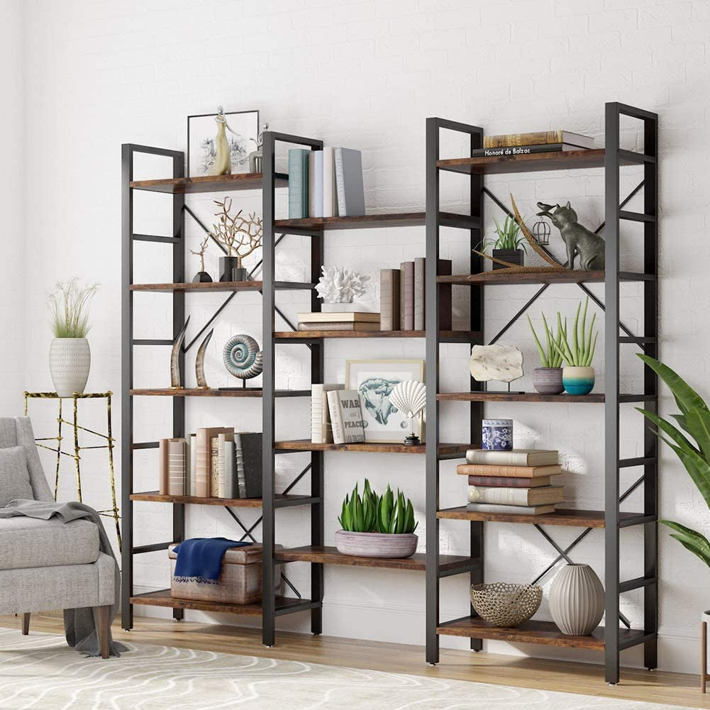 Home& Office Triple Wide 5-Shelf Bookcases Wood and Metal Vintage Open Bookshelf 