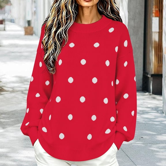ISUHAZBO Womens Knit Pullover Sweater Polka Dot Crew Neck Long Sleeve Sweater Basic Casual Daily Wear Loose Fit Fall Winter Clothes M
