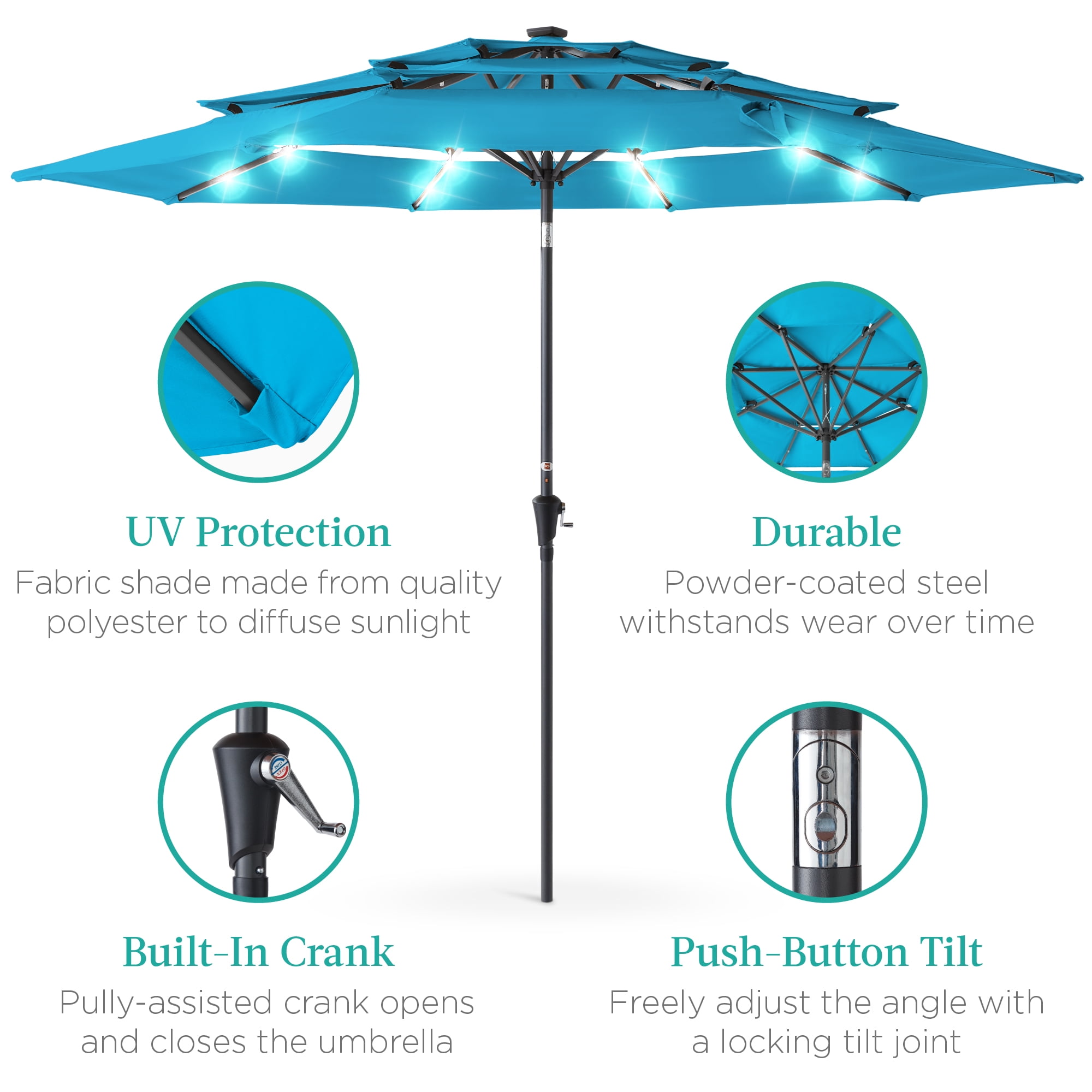 Best Choice Products 10ft 3-Tier Solar Patio Umbrella w/ 24 LED Lights, Tilt Adjustment, Easy Crank - Sky Blue