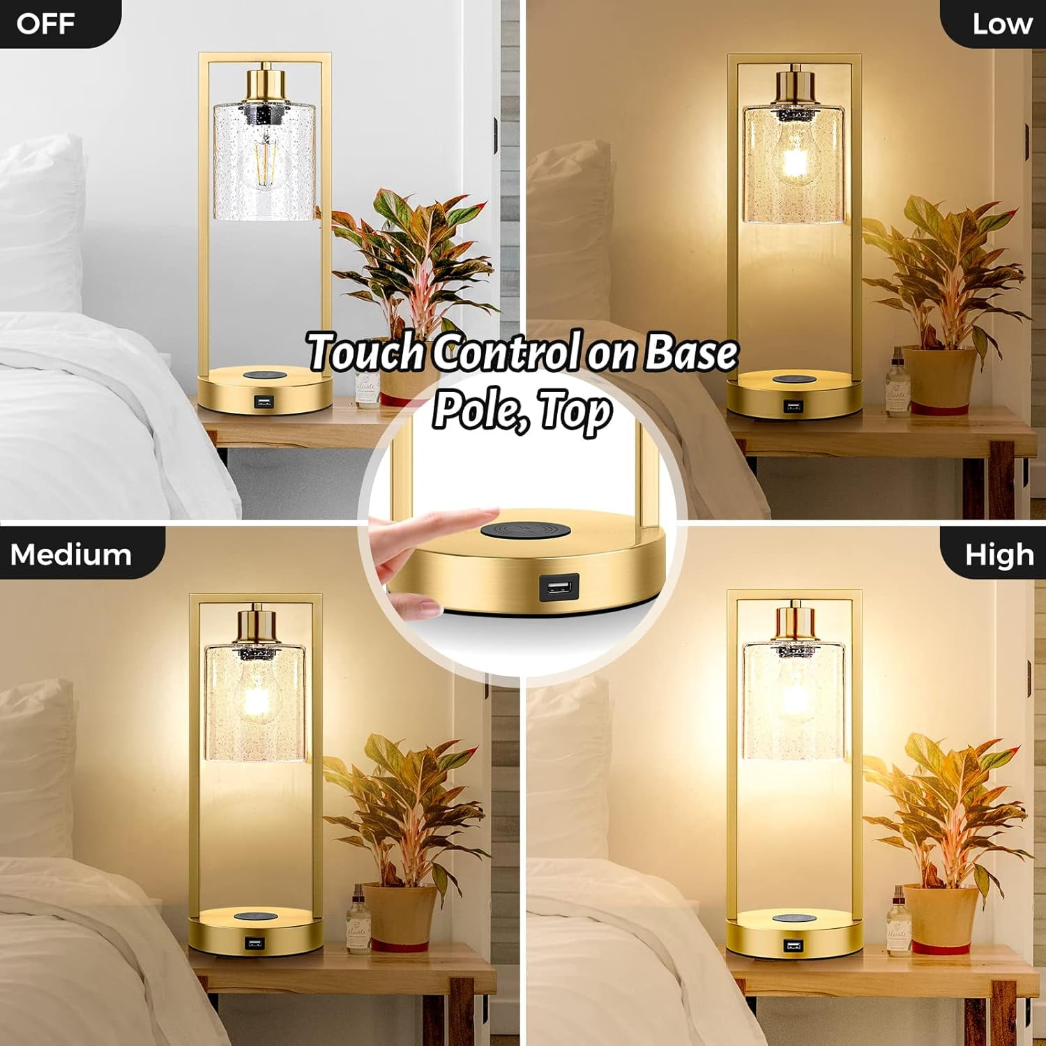 Set of 2 Wireless Charging Industrial Table Lamp, Gold