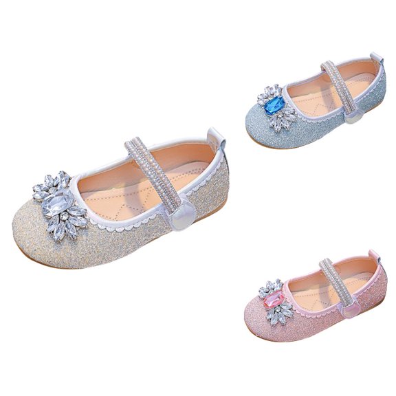 Krdevn Mary Jane Flat Shoes Rhinestone Strap Sparkly Bow Gem Floral Round Toe Low Heel Hook and Loop Formal Dress Shoes (Little Girls, Big Girls),7.5-8 Years