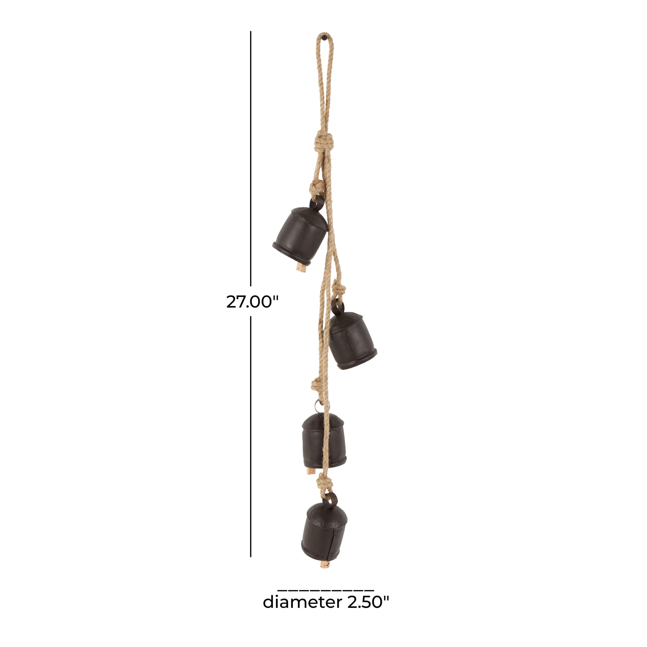 DecMode Tibetan Inspired Cascading Dark Brown Metal Cylindrical Decorative Bells with 4 Bells on Jute Hanging Rope