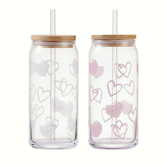 Mainstays Glass 20 oz Can Sipper Pink and White Heart, 2 Pack