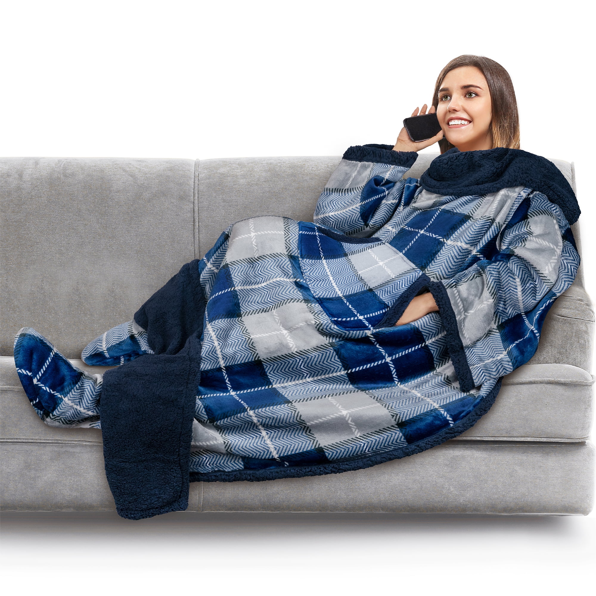 PAVILIA Sherpa Blanket with Sleeves and Foot Pocket Women Men Adult Fleece Wearable Blanket Sleeved Throw Wrap Thick Hug Sleep Pod Snuggle Blanket