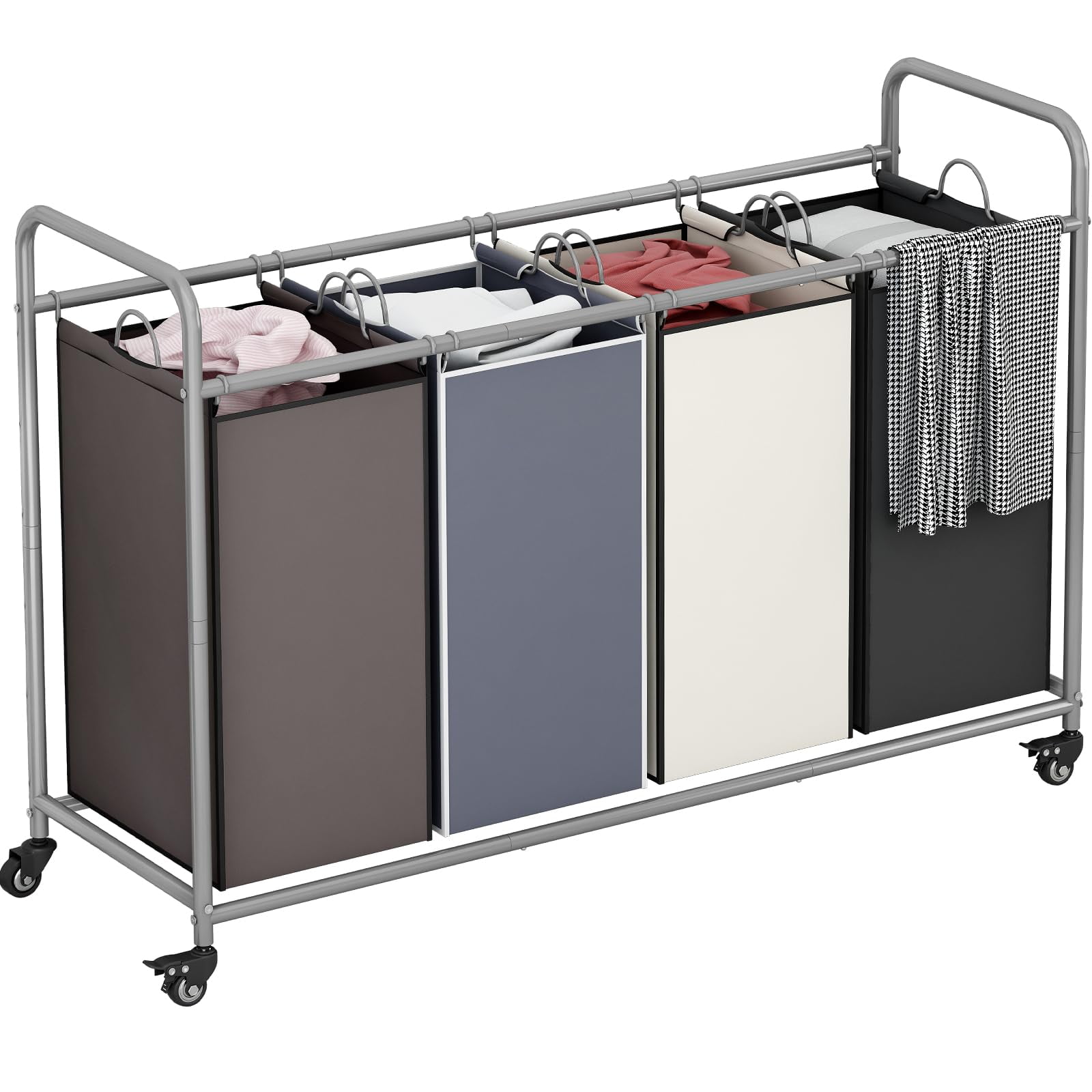 4 Bag Laundry Basket Sorter Laundry Hamper Cart with Heavy Duty Rolling Lockable Wheels and Removable Bags Organiser