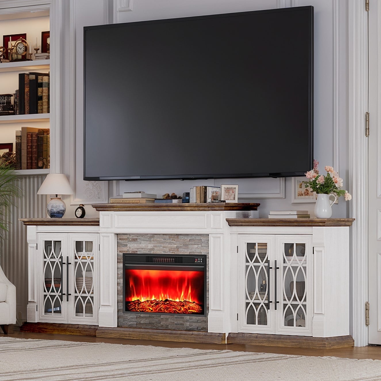LGHM 104" Fireplace TV Stand with 30" Electric Heater, Large Farmhouse Entertainment Center with Storage Cabinet, Media Console for Living Room, White