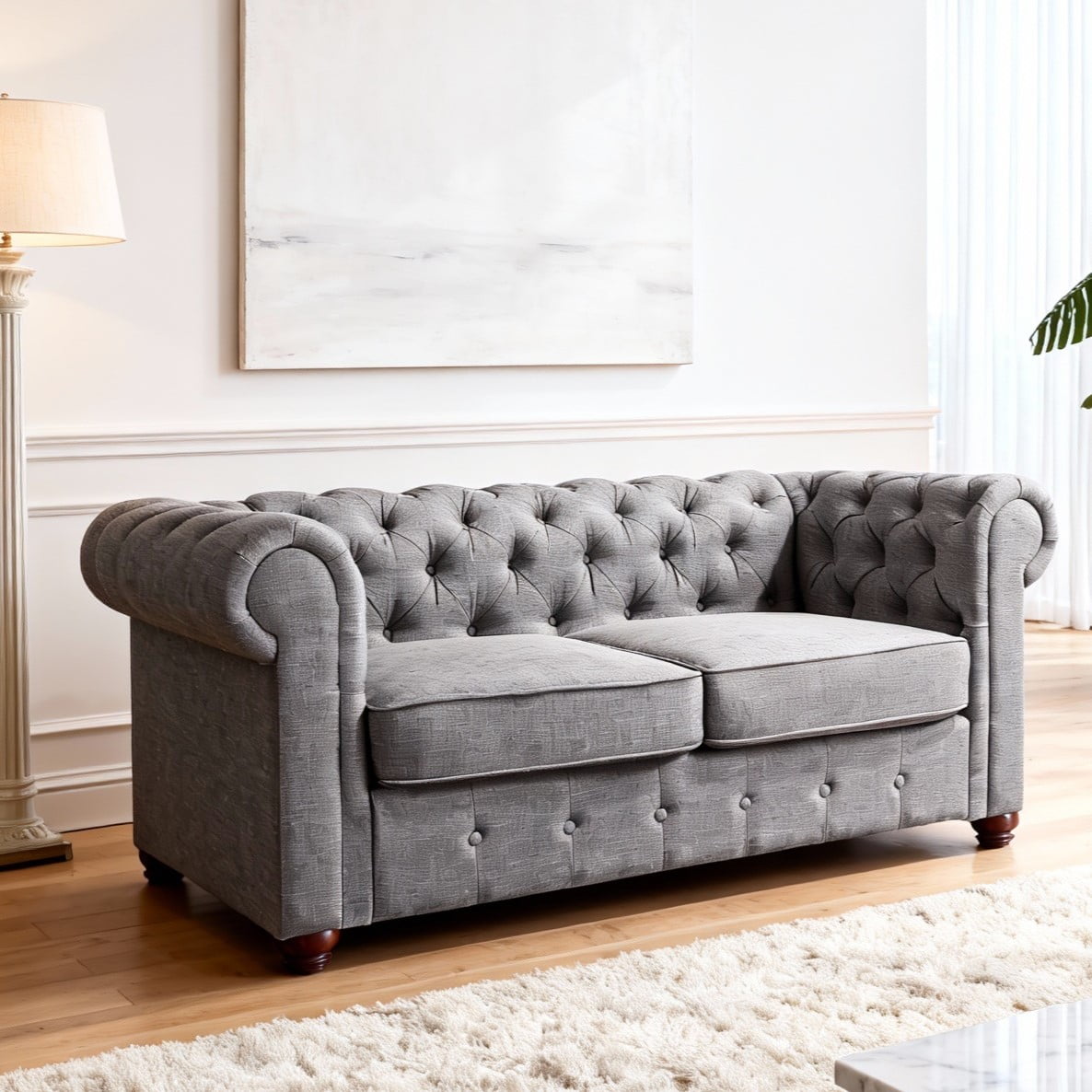 Gewnee Gray 65” Loveseat, Solid Wood Frame & Rubberwood Legs for Living Room, Apartment, Guest Room