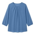 thumbnail image 4 of SSZMDLB Women Round Neck 3/4 Sleeve Pleated Blouse Casual Basic Summer Tops Fashion Tee Shirt Comfy Vacation Outfits Work Clothes, Blue 2XL, 4 of 9