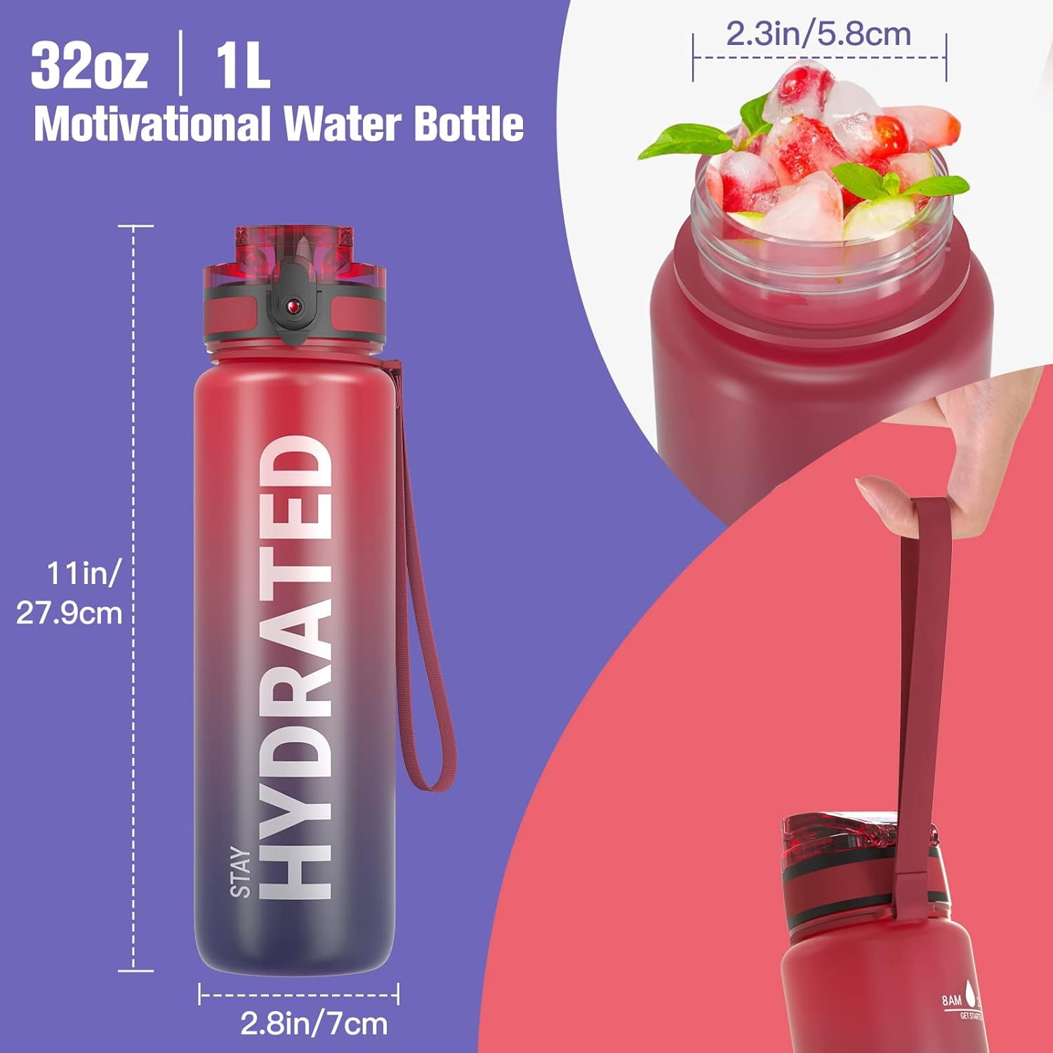 Water Bottle 32oz, Durable and Leakproof Water Bottles Motivational with Time Marker, Tritan, BPA Free, Wide Mouth with Easy Clean Brush for Gym, Travel, Home, School, Office (1 Bottle)