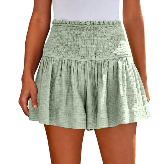 Annhoo Summer Shorts for Women Ruffle Smocked High Waisted Casual Wide Leg Lounge Beach Vacation Shorts