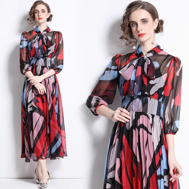 Dropshipping Nouvelle Robe Midi Décontractée d'Été Automne Imprimé Fruits Nœud Papillon Col Foulard Manches 3/4 Taille Empire Femmes Soirée Plage