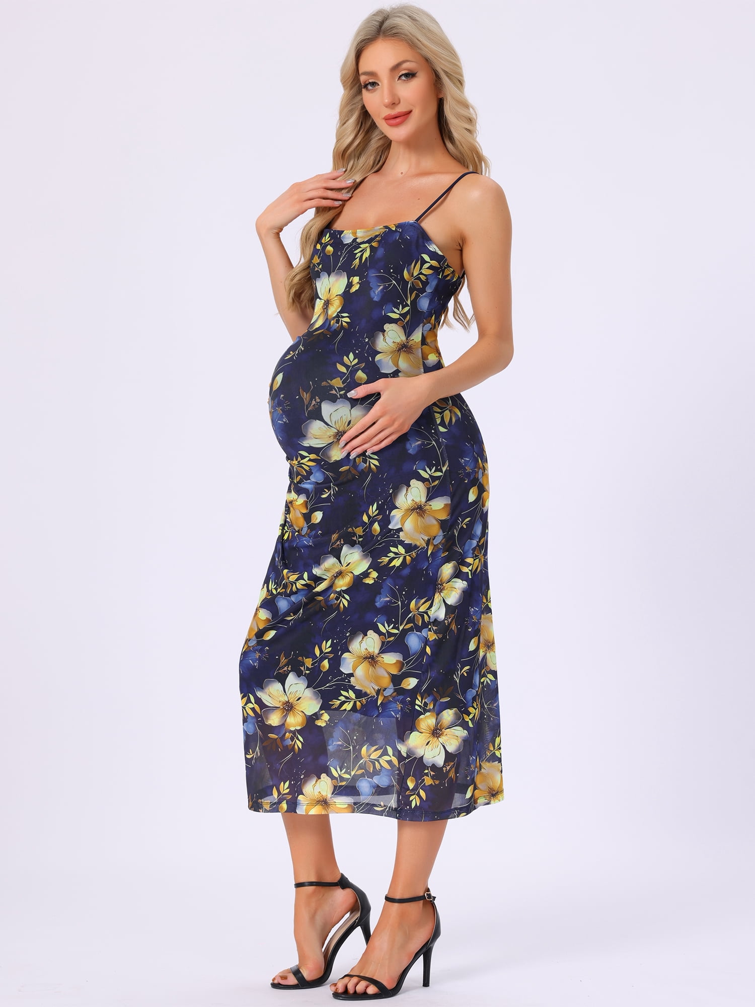 DARING DIVA Women's Mesh Ruched Side Bodycon Spaghetti Strap Maternity Dress XL Deep Blue