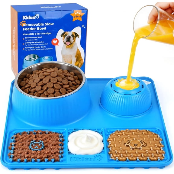 Dog Lick Bowl with Rolling Ball for Liquid and Thick Treat—3 in 1 Slow Feeder Dog Bowls Lick Mat 50oz Stainless Steel Food Bowl,Anti-Slip 5/6 Cup Licking Toy for Medium Large Dogs and Cats Blue