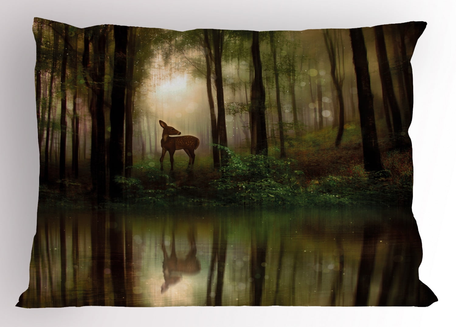 Nature Pillow Sham Baby Deer in the Forest with Reflection on Lake Foggy Woodland Graphic, Decorative Standard Size Printed Pillowcase, 26 X 20 Inches, Fern Green Cocoa Brown, by Ambesonne