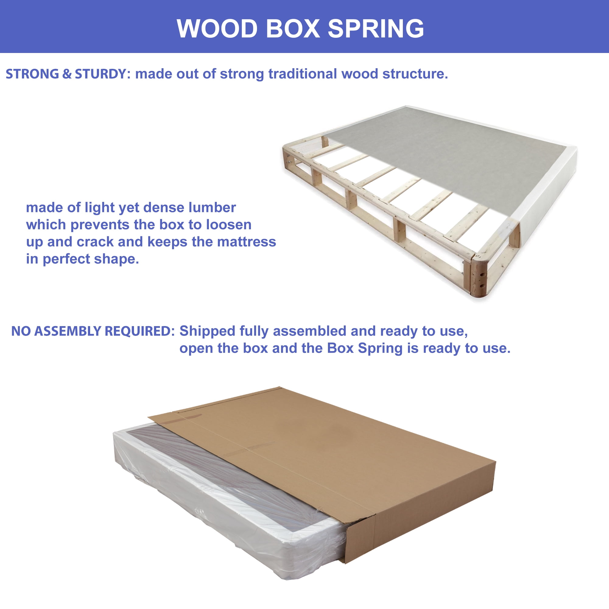 Continental Sleep, 8" Twin High Profile Wood Box Spring for Mattress, White