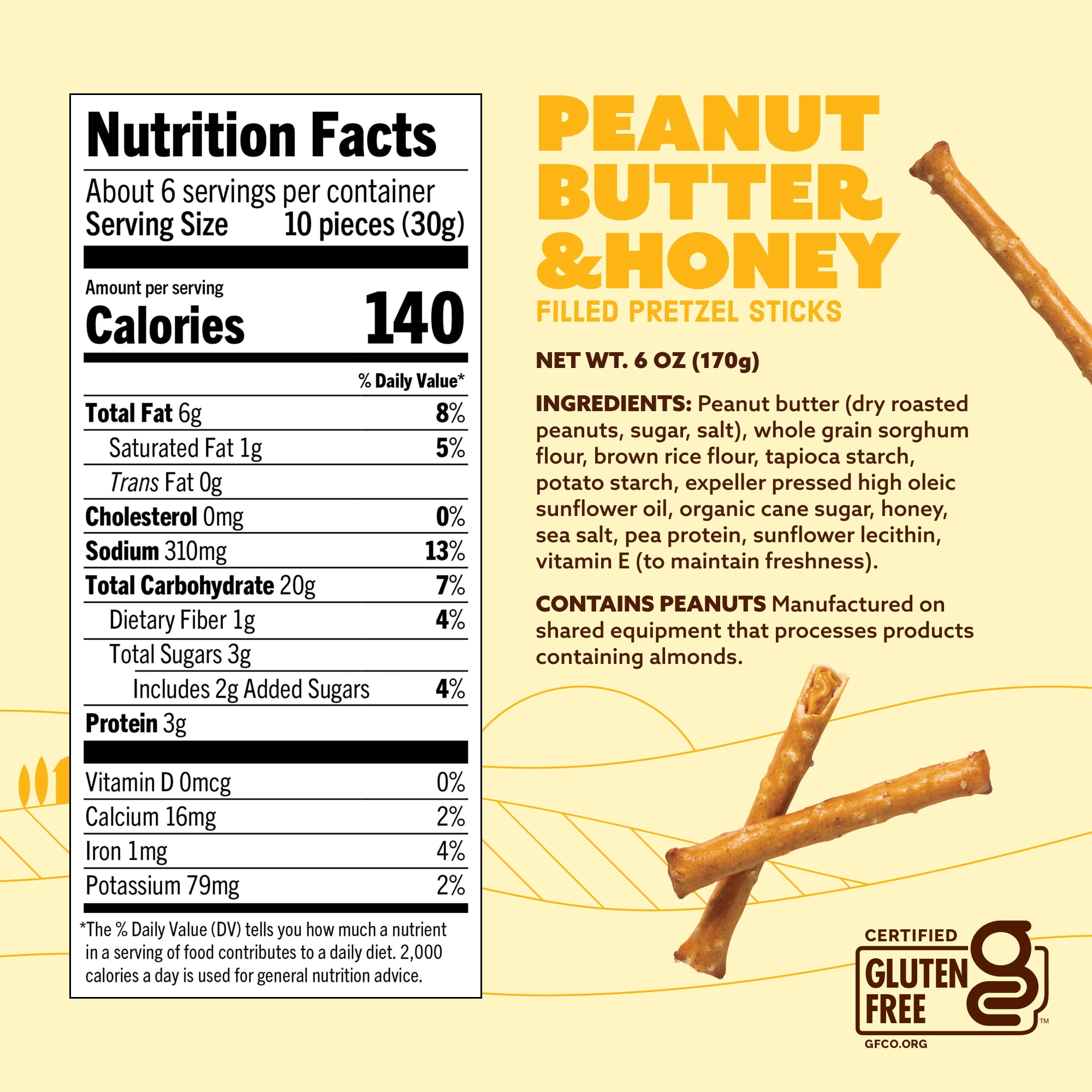 (3 pack) Quinn Gluten Free Peanut Butter & Honey Filled Pretzel Sticks, 6 oz