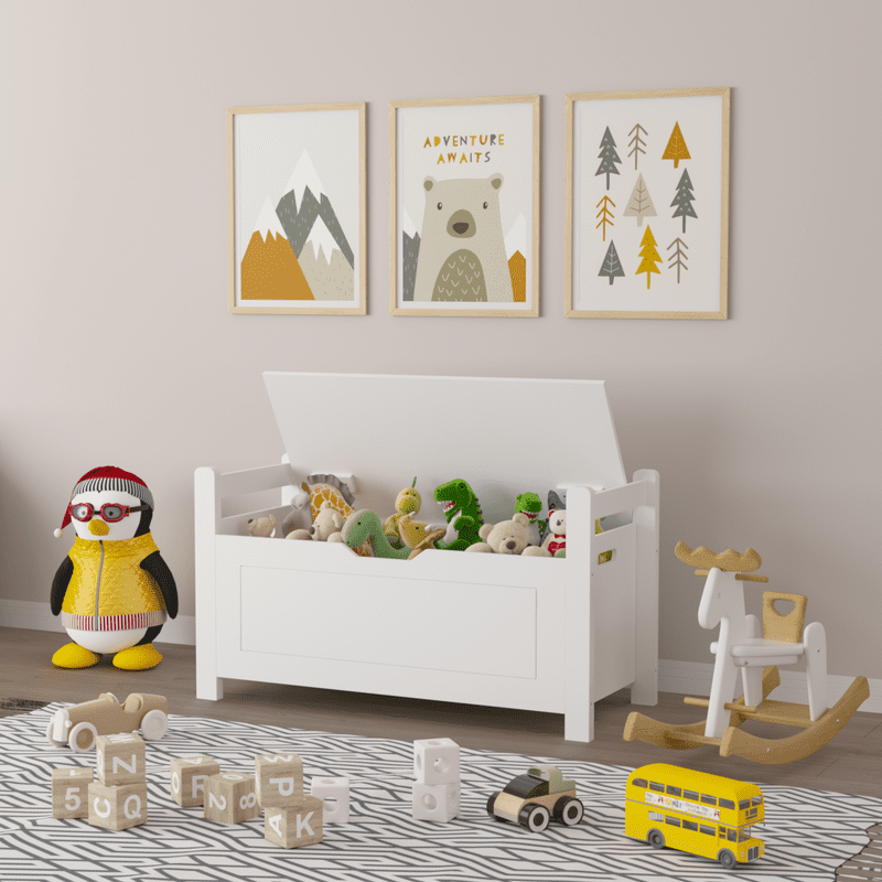 Gundir Kids Toy Storage Chest Bench with Cushioned Seat, 35" White Wooden Toy Box with Safety Hinged Lid, Large Capacity Organizer for Nursery Playroom Bedroom
