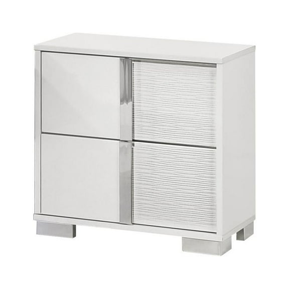 White Wood Lacquer 2 Drawer Nightstand with Metal Trim Accent Handle and Leg