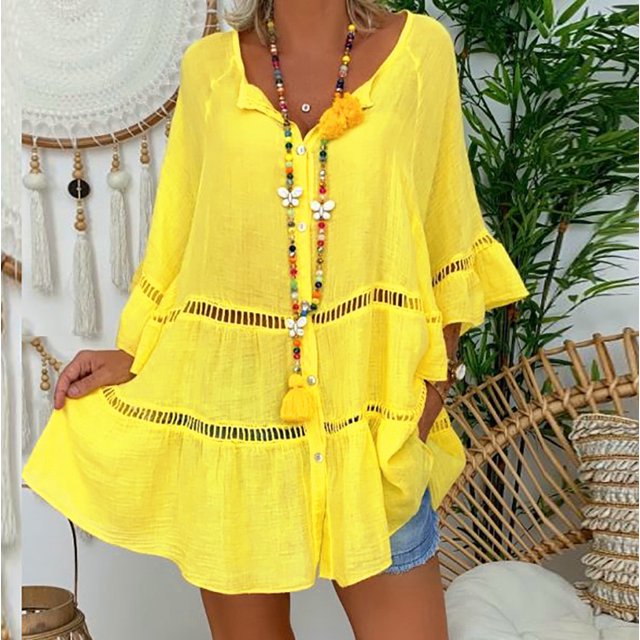 Chemises Décontractées Surdimensionnées pour Femmes à Manches Cloche avec Boutons, Col en V, Dentelle Patchwork, Hauts Amples