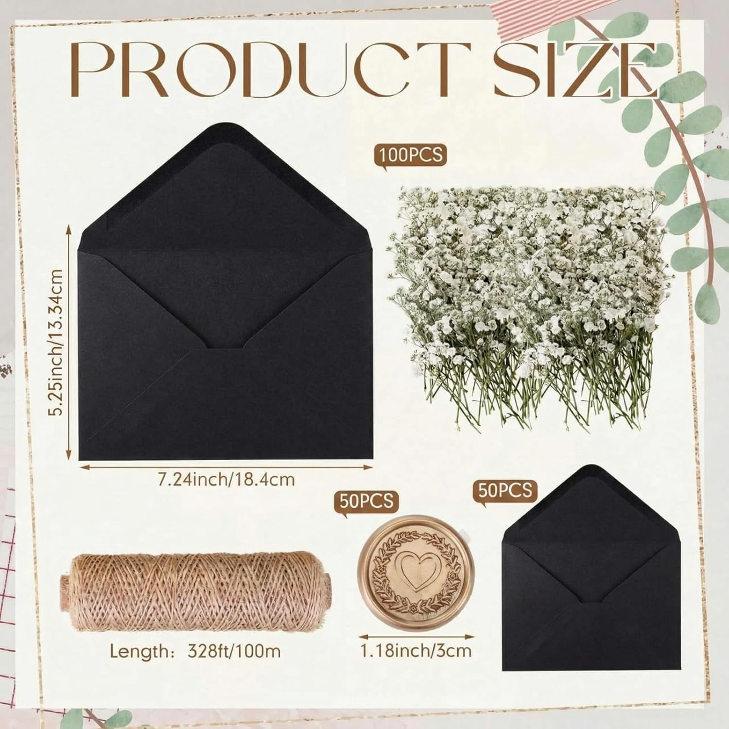 50 Sets Wedding Invitations Wraps Set Include Envelope for 5 x 7 Inch Invitations Self Adhesive Gold Wax Seal Sticker Dried Flowers for DIY Photos Cards Dining Table(Classic,Black)