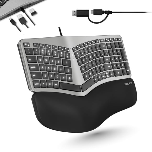 Macally Wired Ergonomic Keyboard for Mac - USB Hub, Backlit Keys, Dual USB C + A Plug, Split Design, Padded Wrist Cushion - Compatible Apple Keyboard