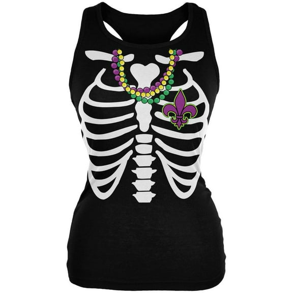 Mardi Gras Skeleton Fleur-de-lis Heart Black Juniors Soft Tank Top - Large