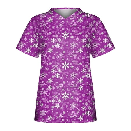 

SUWHWEA Christmas Gift Scrub Tops Women V-Neck Chriatmas Snow Printing Workout Pokets s Short Sleeve Blouse Pullovers Top on Clearance