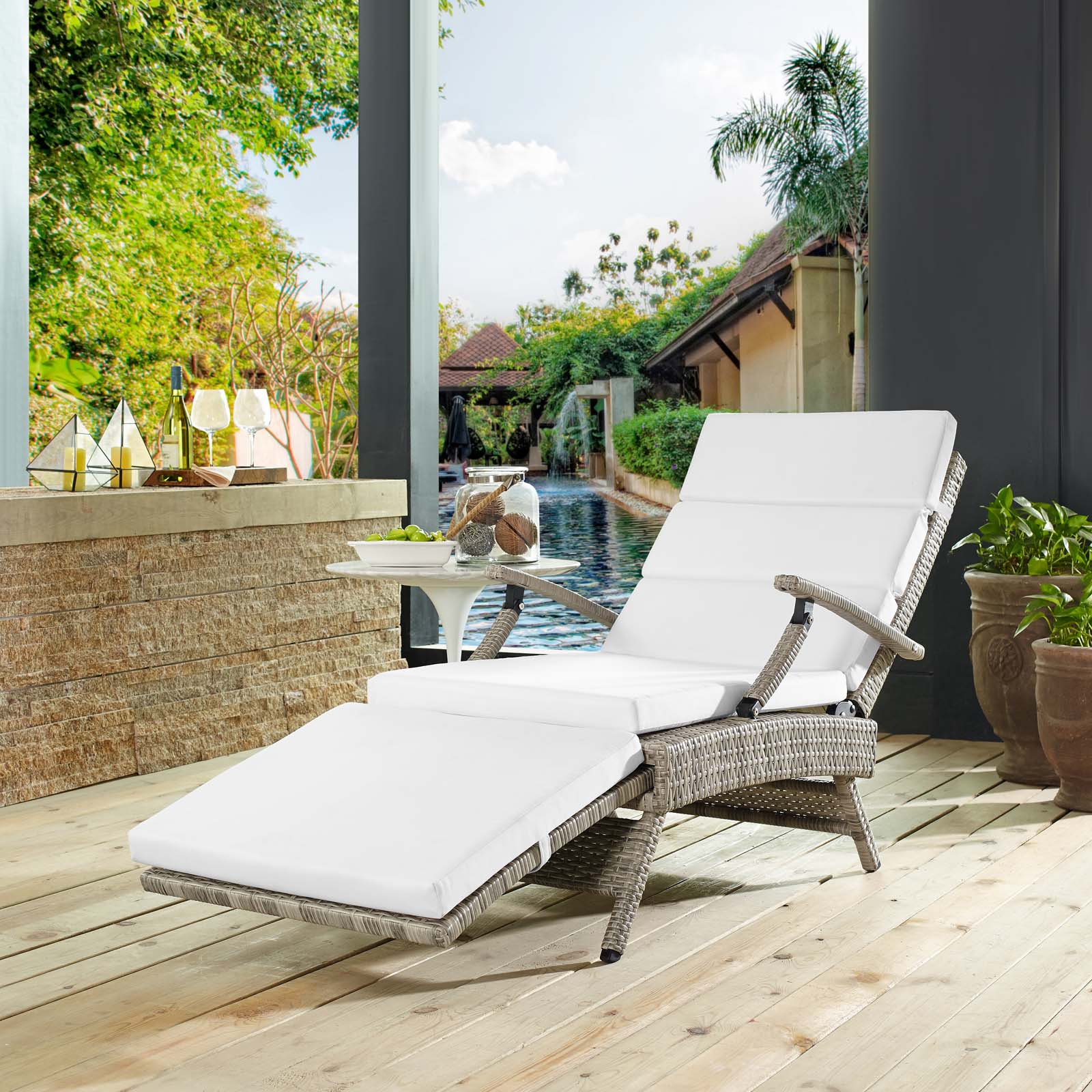 Contemporary Modern Urban Designer Outdoor Patio Balcony Garden Furniture Lounge Chair Chaise, Fabric Rattan Wicker, White - image 2 of 9