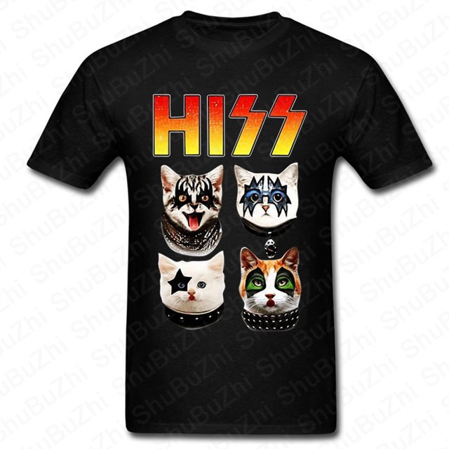 Camisetas divertidas de parodia de gato KISS Hiss para hombre camiseta de grupo de Rock Meow camiseta de banda de Rock de algodón envío directo