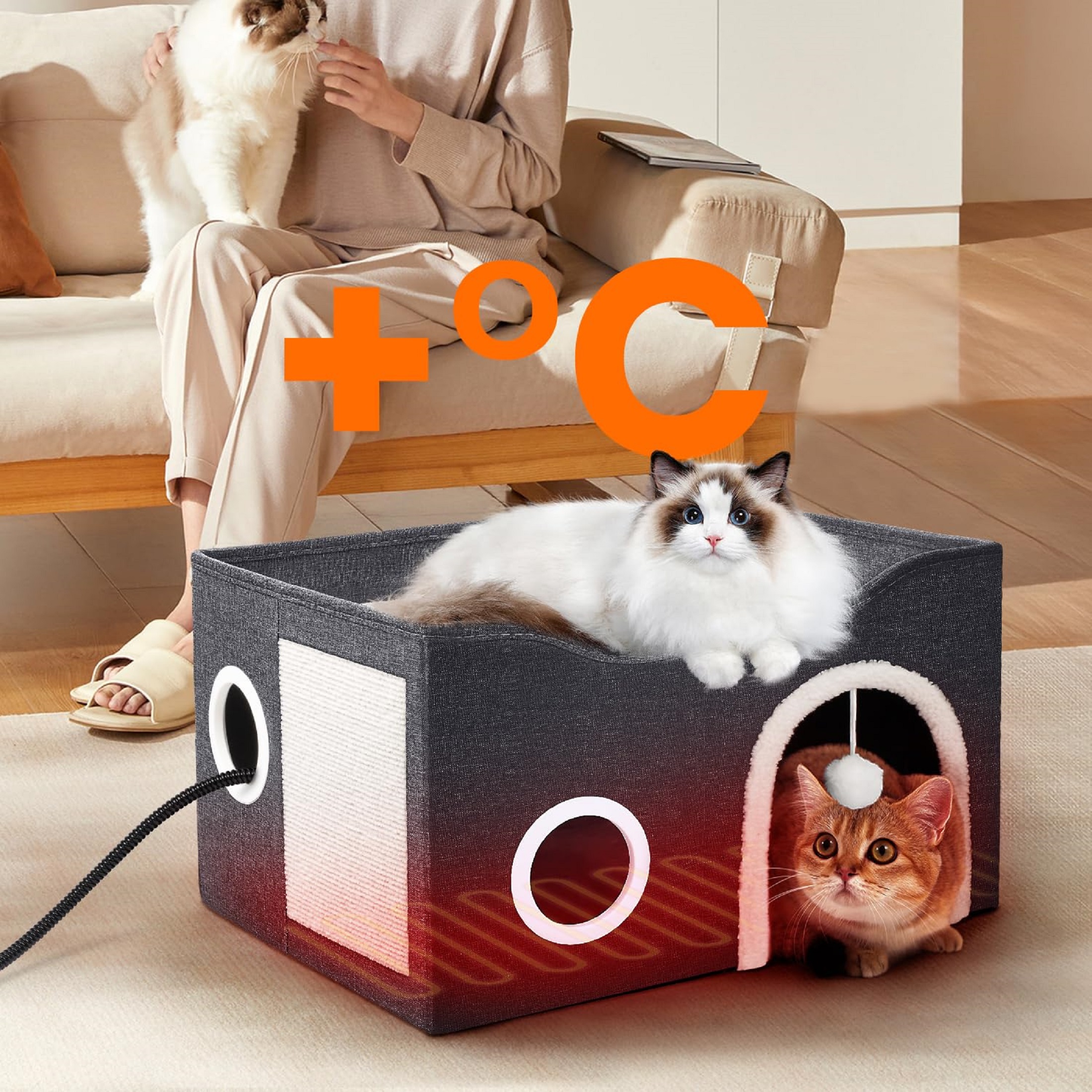 Niubya Heated Adjustable Temperature Large Indoor Cat House with Heating Pad, Black