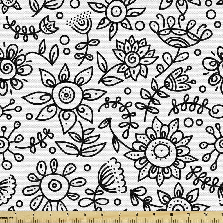 Black and White Fabric by the Yard, Floral Composition Doodle Style Foliage  Sketch Abstract Feminine Theme, Decorative Upholstery Fabric for Chairs &  Home Accents, Black White by Ambesonne 