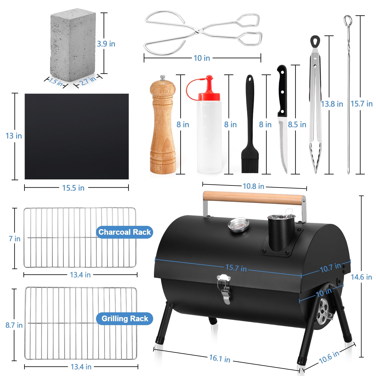 Walchoice Portable Charcoal Grill Set of 23, Small Tabletop Barbecue Grill with Grilling Accessories for Outdoor Cooking Camping Backyard Beach, Thermometer & Chimney, Black